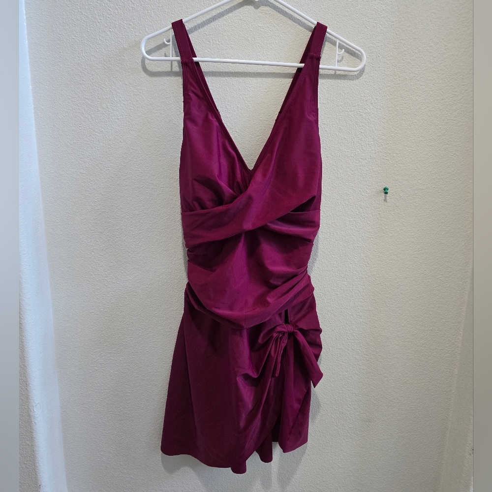Blooming jelly fusha swim dress with tummy control, rouching and bow size large